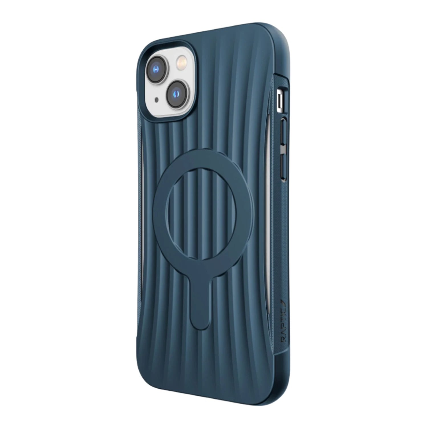 A blue iPhone 14 Plus Case ~ Clutch MagSafe with a circular ring on the back. (Brand: Raptic)