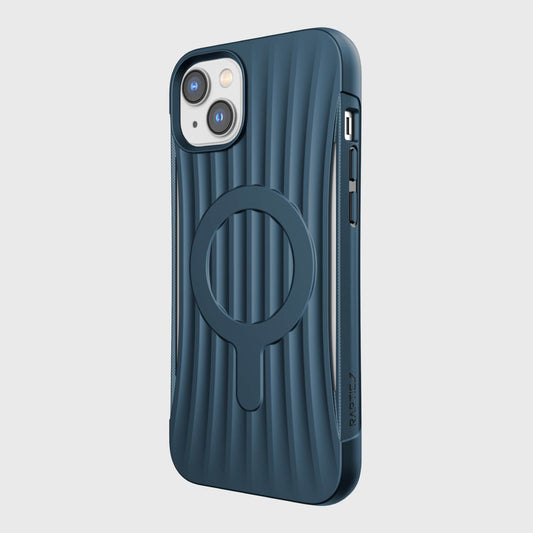 A blue iPhone 14 Plus Case ~ Clutch MagSafe with a circular ring on the back. (Brand: Raptic)
