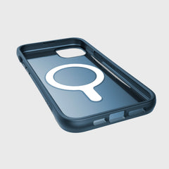 A blue iPhone 14 Plus Case ~ Clutch MagSafe by Raptic with a magnifying glass on it.