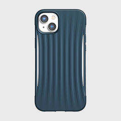 The iPhone 14 Plus Case ~ Clutch by Raptic is shown in blue and features a pocket-friendly design.