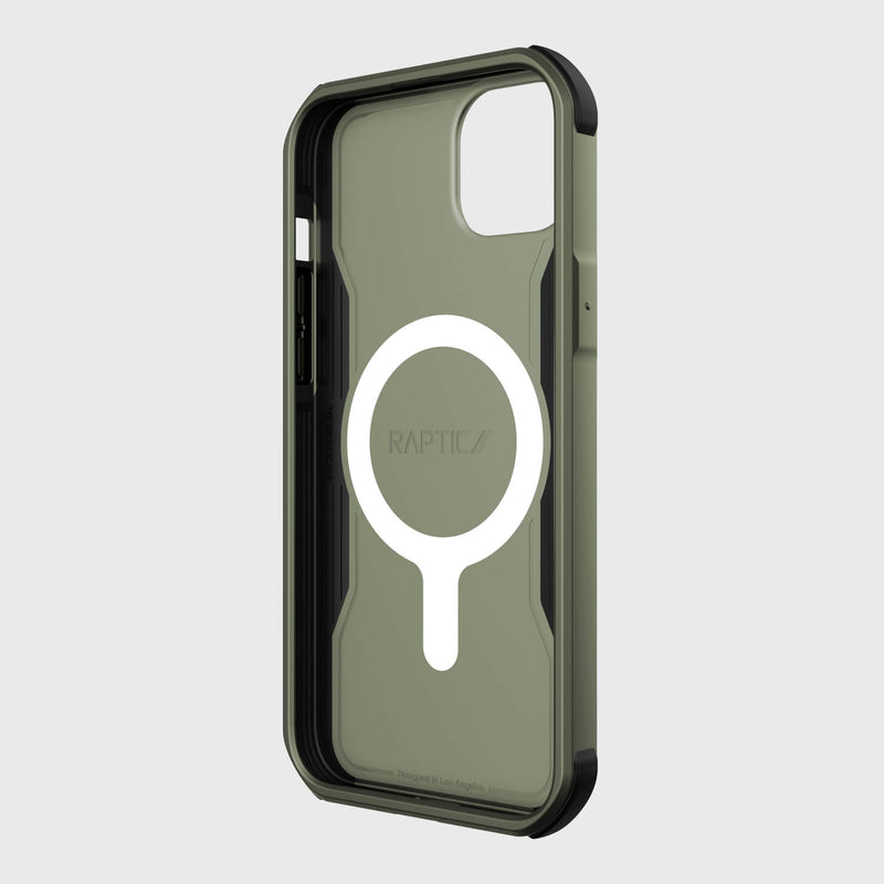 A green Raptic MagSafe iPhone 14 Plus Case with a white circle on it.