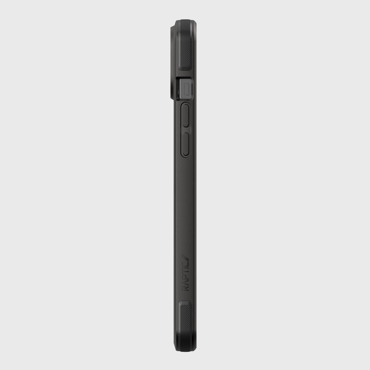 The back view of a Raptic iPhone 14 Plus Case on a white background, offering military grade drop protection with a limited lifetime warranty.
