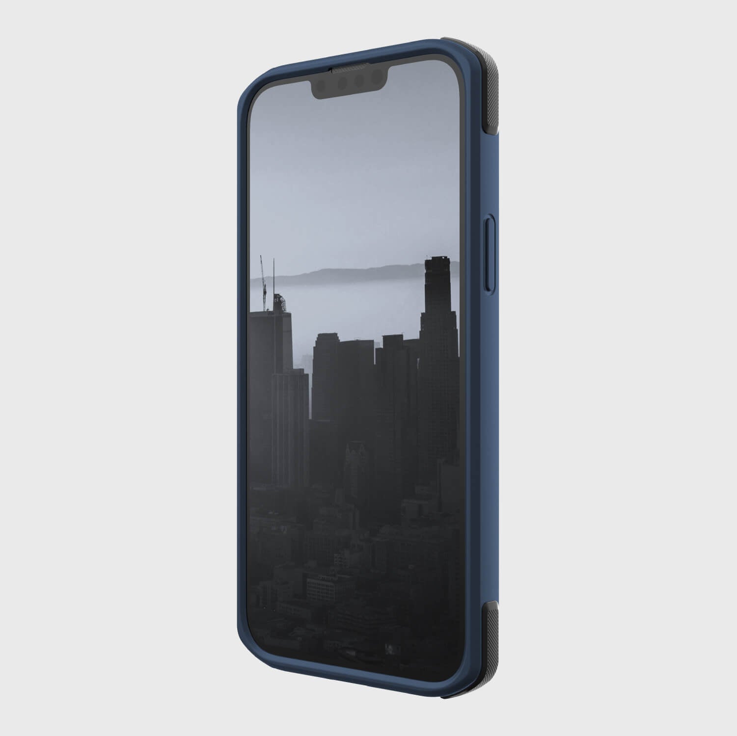 A blue Raptic iPhone 14 Plus Case with drop protection and a view of the city.