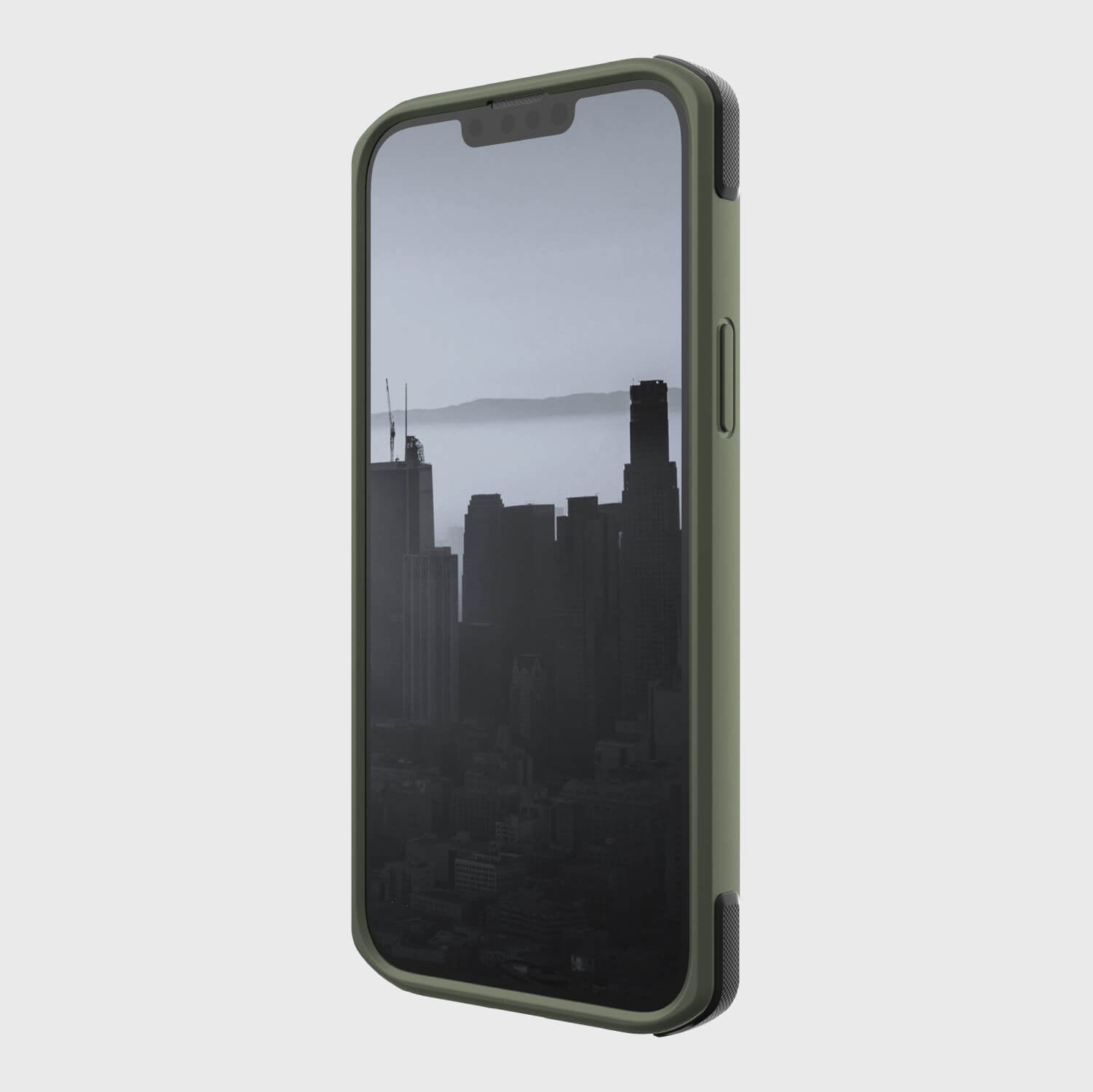 A green Raptic MagSafe iPhone 14 Plus case with a view of the city.