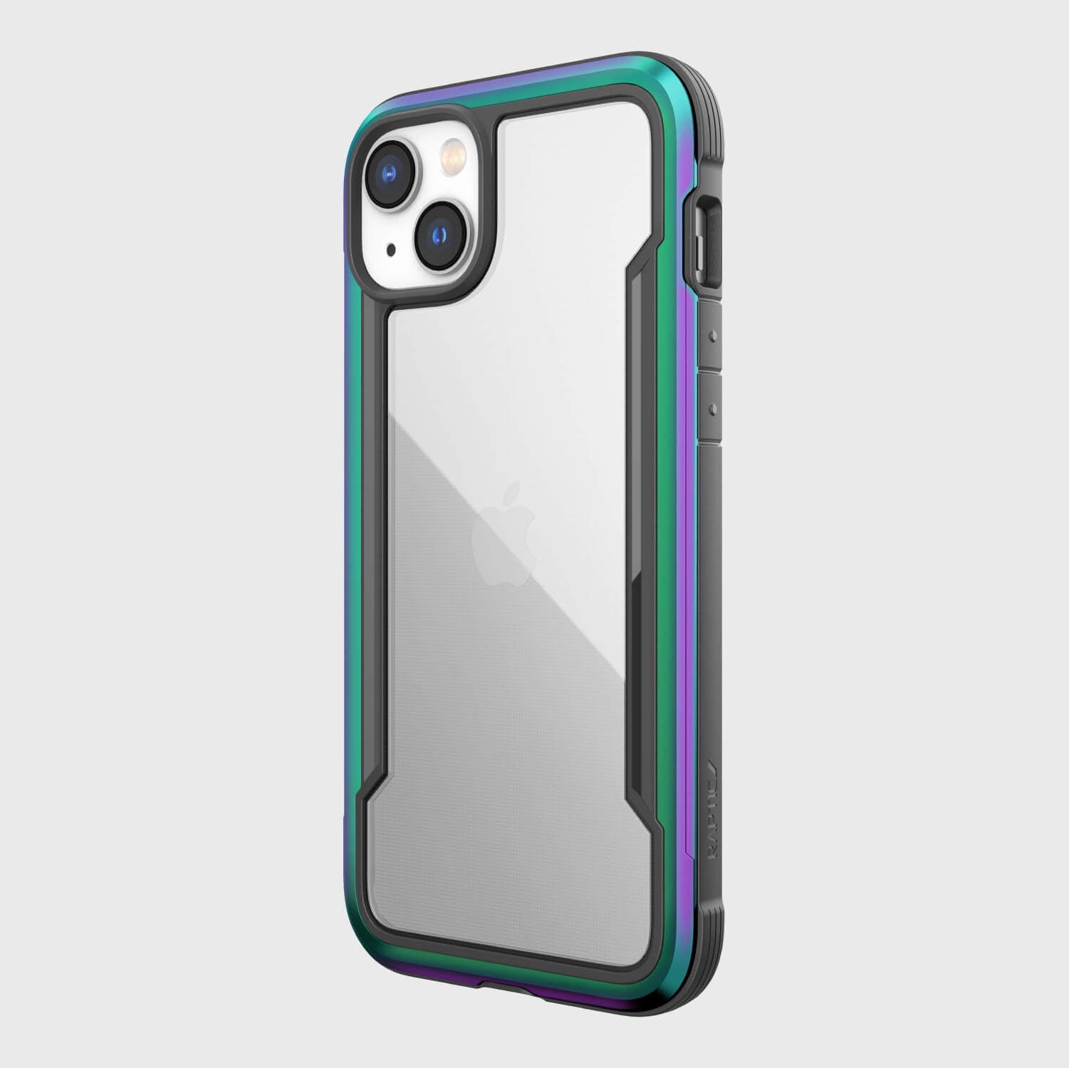 The back view of a lightweight Raptic iPhone 14 Plus Case - Shield in purple and green that is MagSafe compatible.