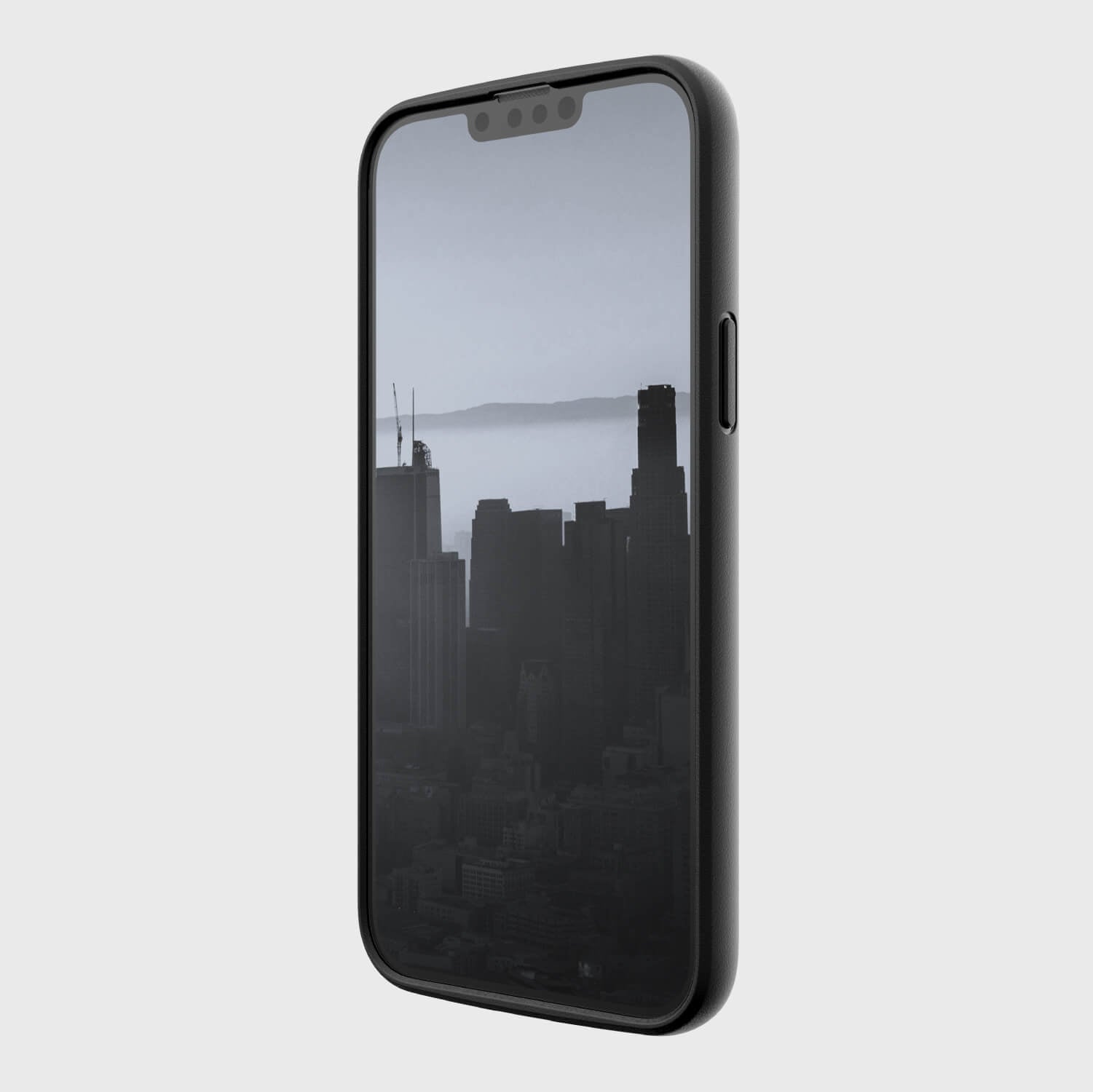 An environmentally friendly Raptic black iPhone 14 Plus Forsted case with a view of a city.