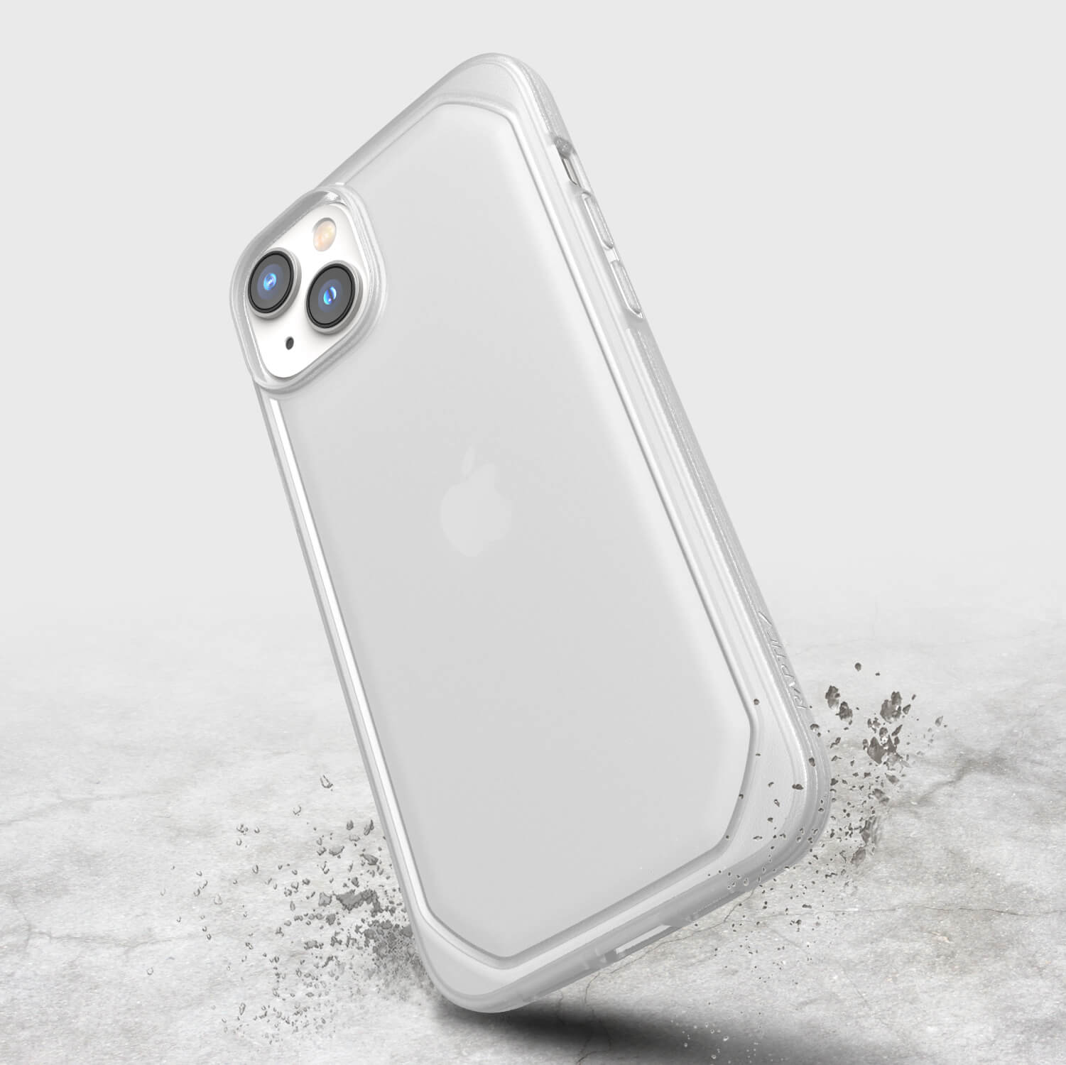 A white iPhone 14 Plus Forsted case with sand-like texturing depth, created by Raptic Slim.