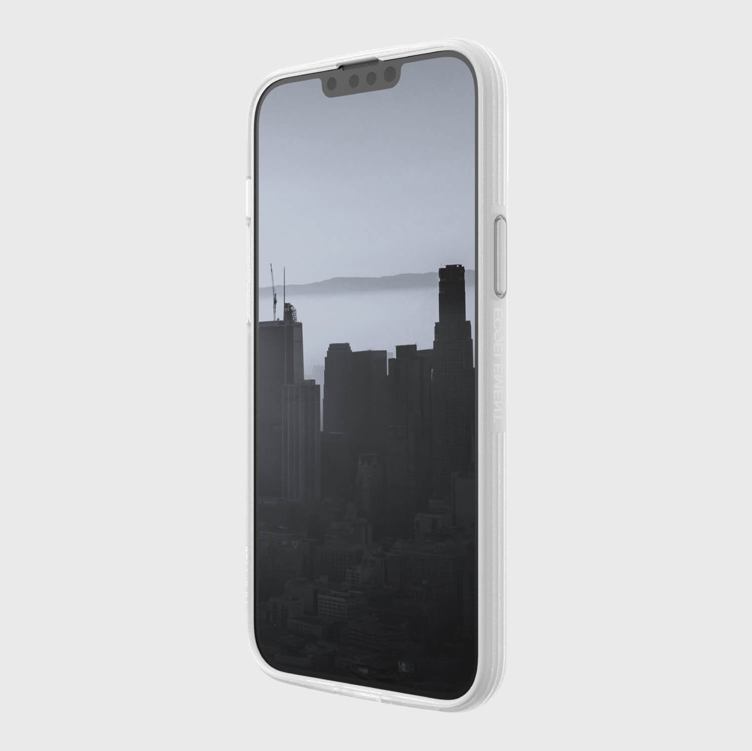 An environmentally friendly Raptic white iPhone 14 Plus Forsted Case with a view of a city.