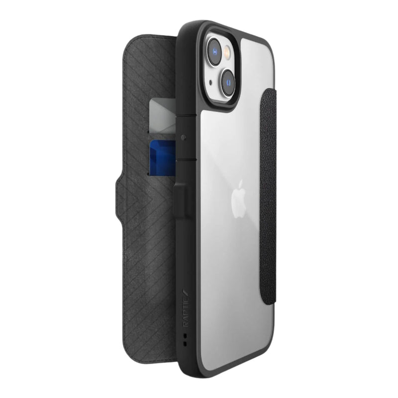A black iPhone 14 Plus ~ Urban Folio case with 2 card holders, made by Raptic.
