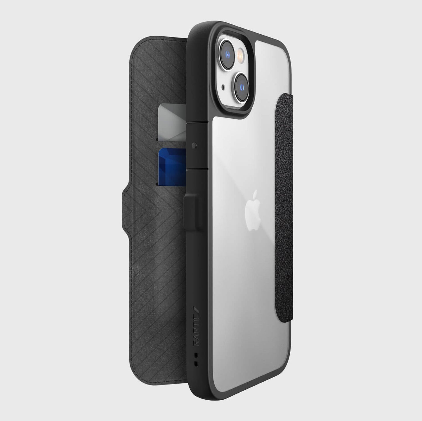 A black iPhone 14 Plus ~ Urban Folio case with a card holder, made by Raptic.