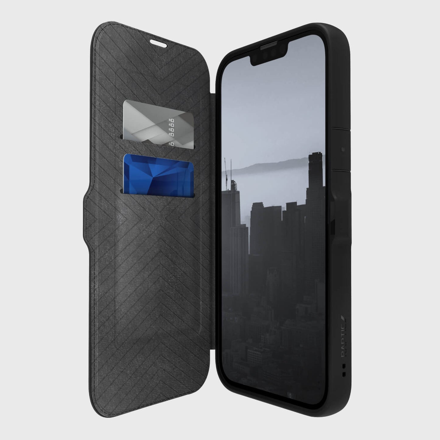 A black Raptic iPhone 14 Plus Urban Folio case with a credit card holder.