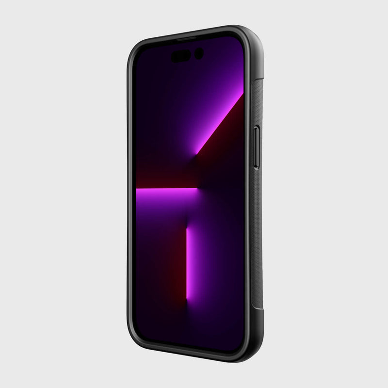 The back of an iPhone 14 Pro Case ~ Clutch with a purple light on it.