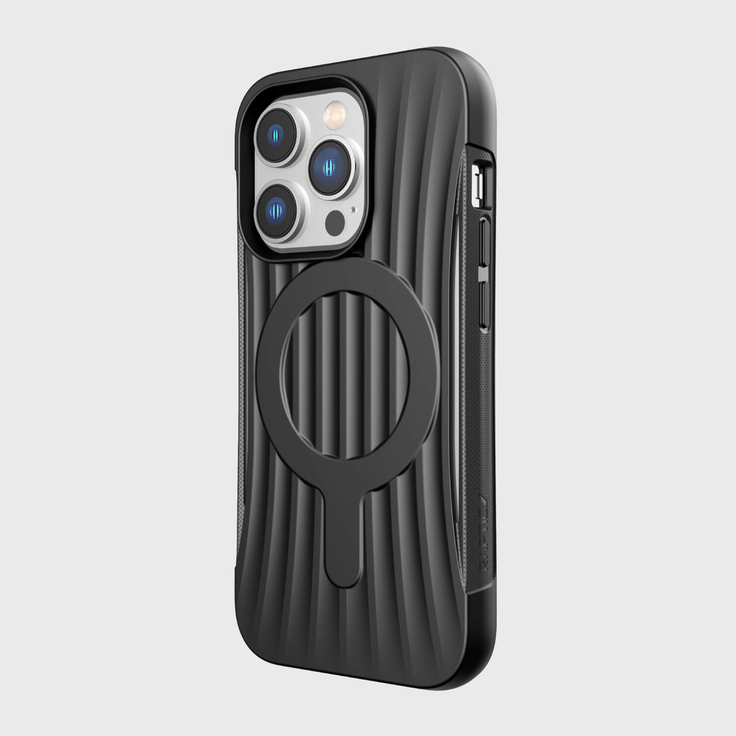 A black iPhone 14 Pro Case ~ Clutch MagSafe by Raptic with Military-Grade Drop Protection and a ring on it.