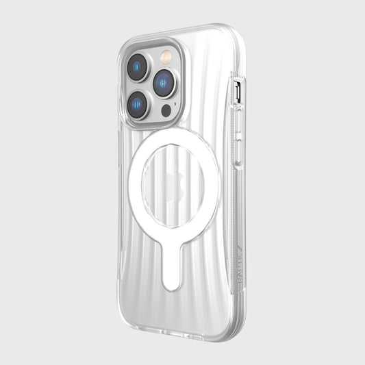 A pocket-friendly clear Raptic iPhone 14 Pro Case ~ Clutch MagSafe with a circle on it, offering military-grade drop protection.