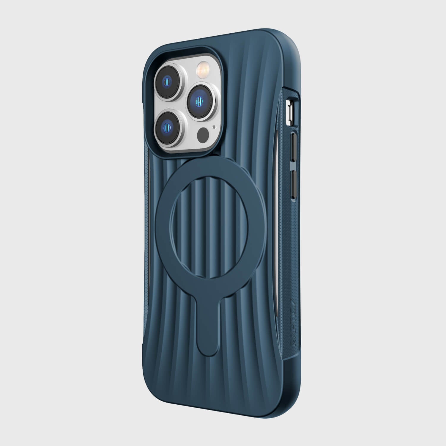 A blue iPhone 14 Pro Case ~ Clutch MagSafe by Raptic, with a camera holder, featuring military-grade drop protection.