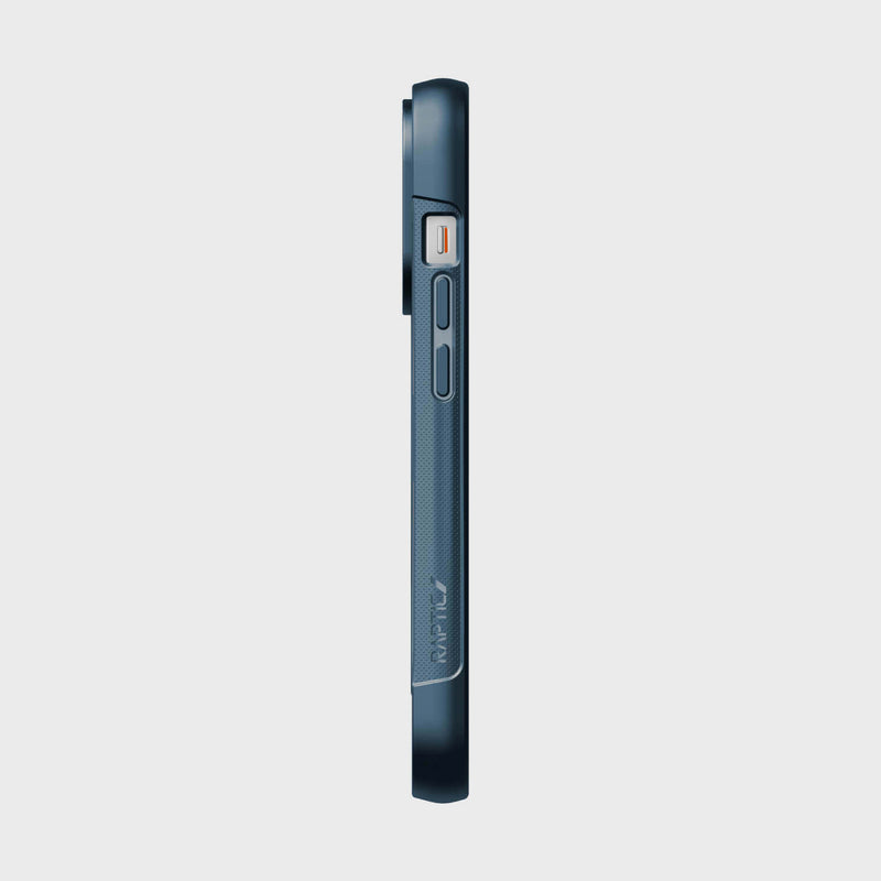 The back of a blue Raptic iPhone 14 Pro Case ~ Clutch MagSafe on a white background, featuring a pocket-friendly design.