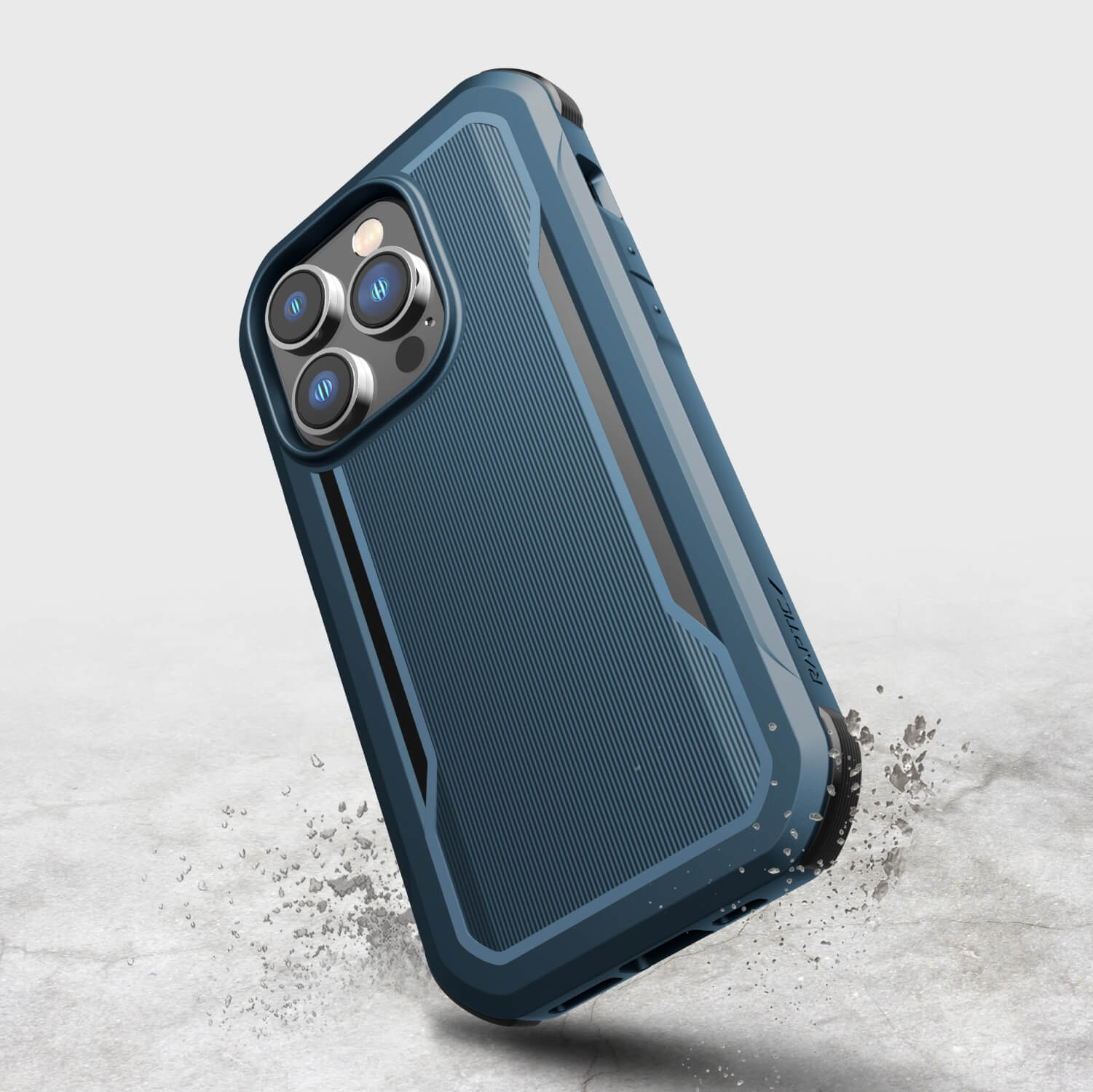 The blue iPhone 14 Pro case - Fort Built for MagSafe by Raptic features MagSafe magnets compatibility and a full rubber exterior.