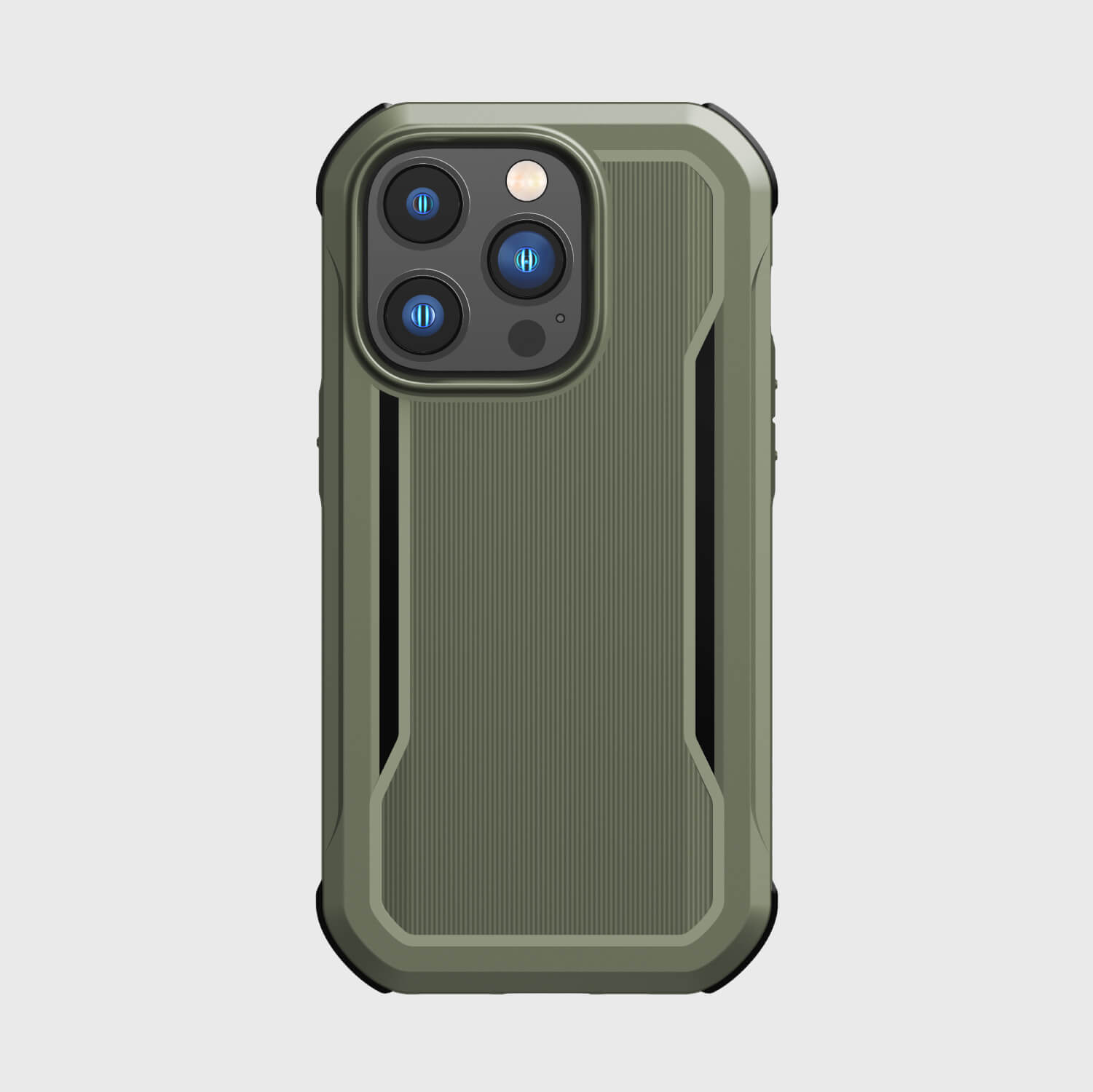 The military grade drop protection and enhanced grip of the iPhone 14 Pro Case - Fort Built for MagSafe in olive green by Raptic.