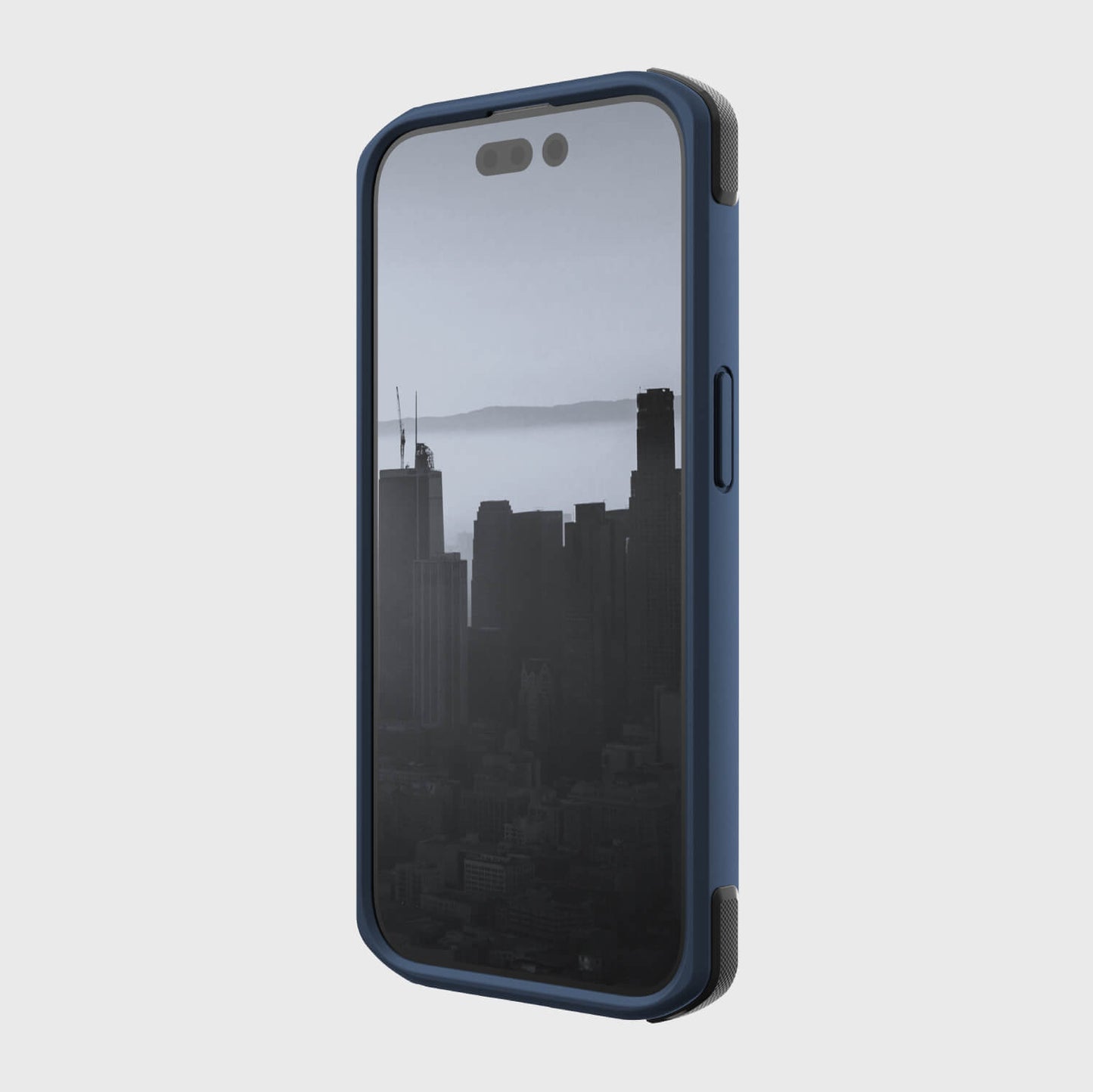 A blue Raptic iPhone 14 Pro case with a view of the city.