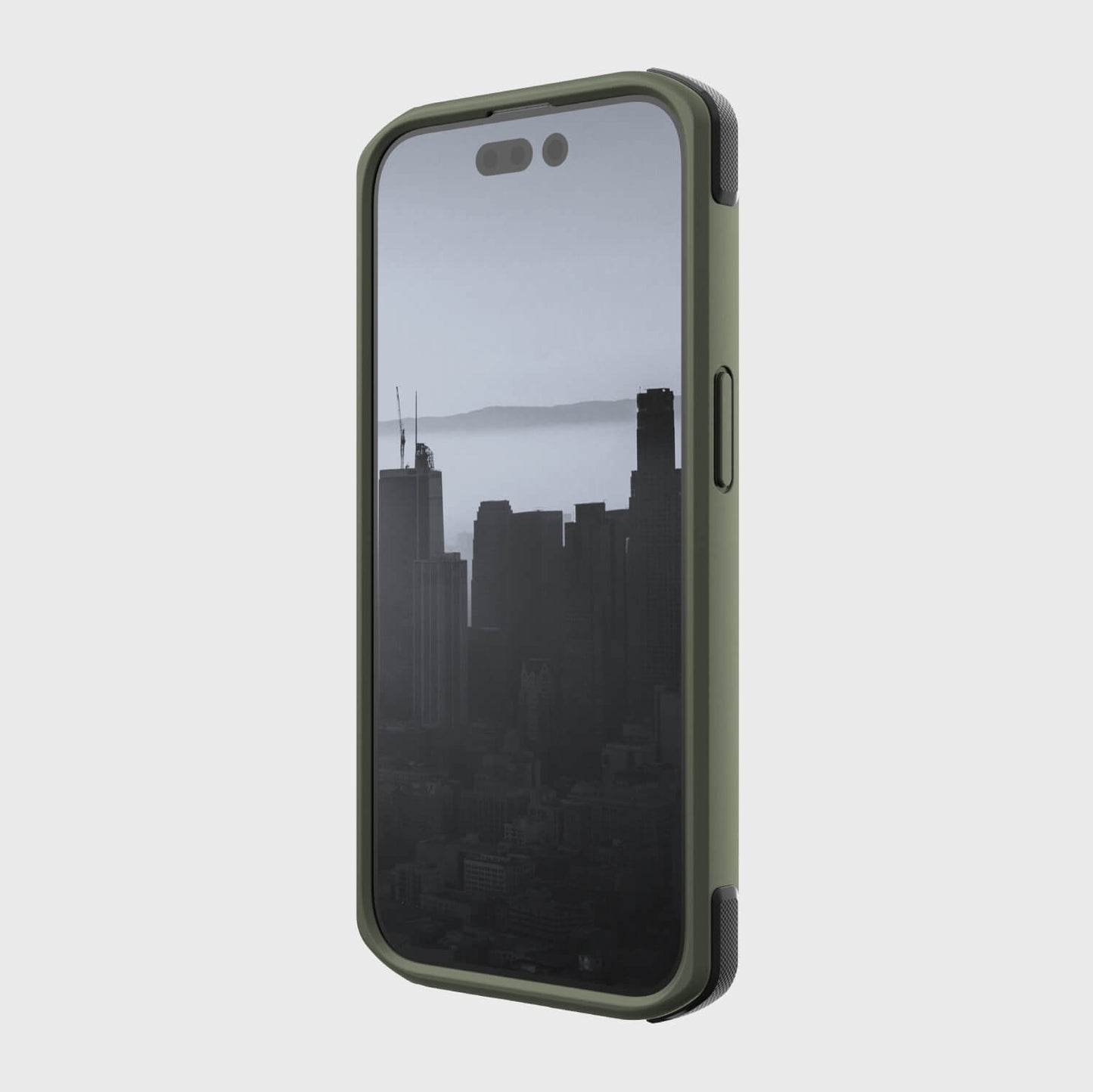 The back of an iPhone 14 Pro Case by Raptic with a view of the city.