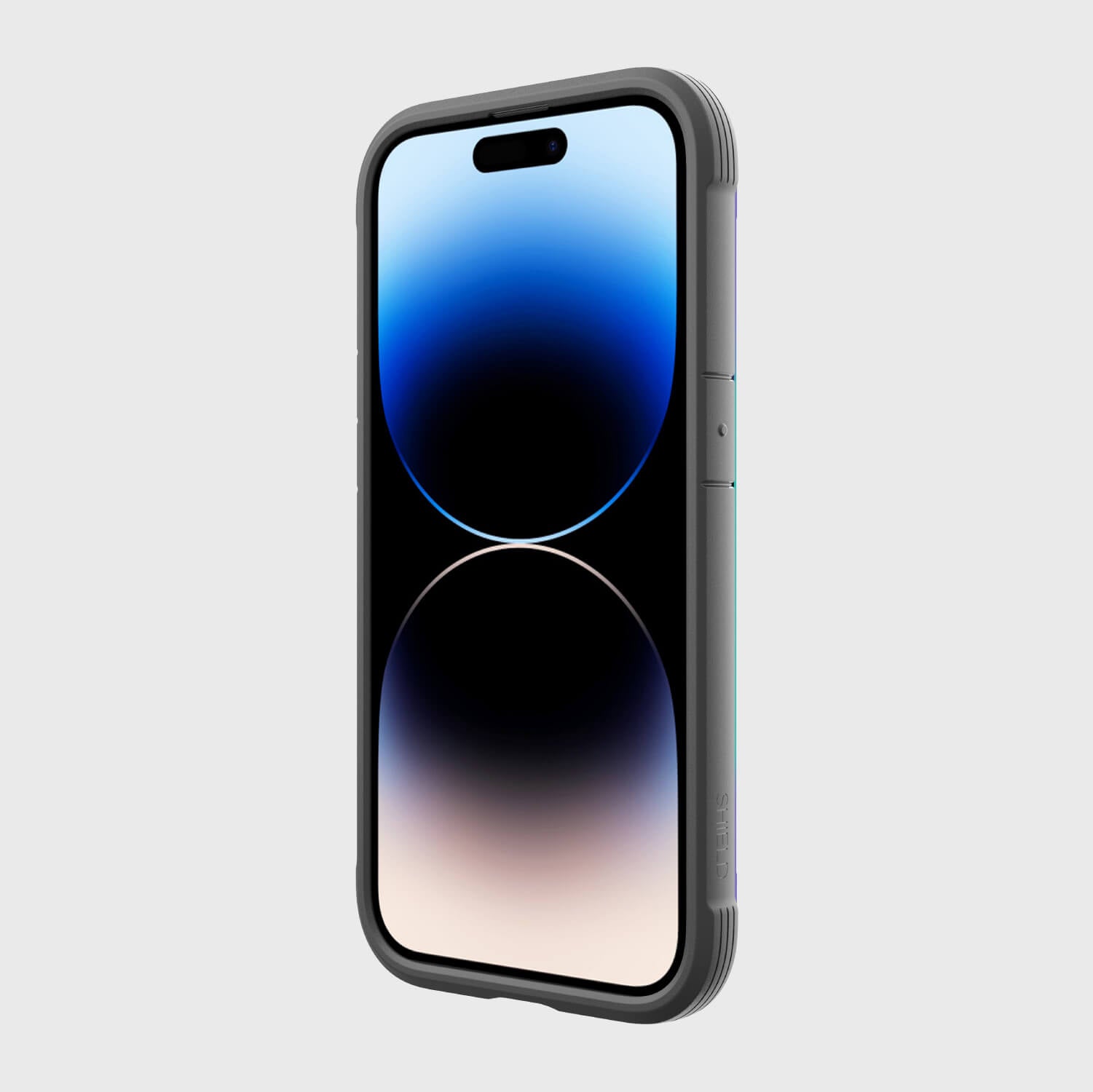 The iPhone 14 Pro Case - Shield by Raptic is shown with a blue background and is Qi charger-compatible.
