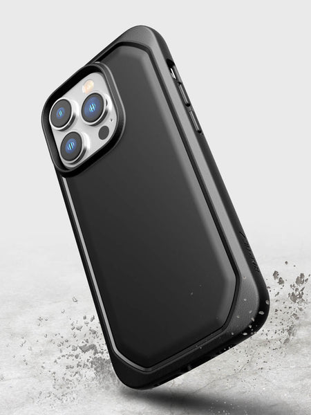 The SEO optimized description highlights the sleek design and eco-friendliness of the black iPhone 14 Pro case - Raptic Slim & Sleek. Sporting Raptic's three levels of texturing depth, this recyclable case is a perfect accessory.