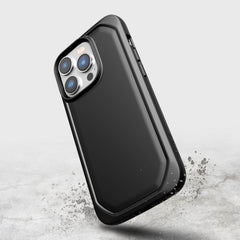 The SEO optimized description highlights the sleek design and eco-friendliness of the black iPhone 14 Pro case - Raptic Slim & Sleek. Sporting Raptic's three levels of texturing depth, this recyclable case is a perfect accessory.