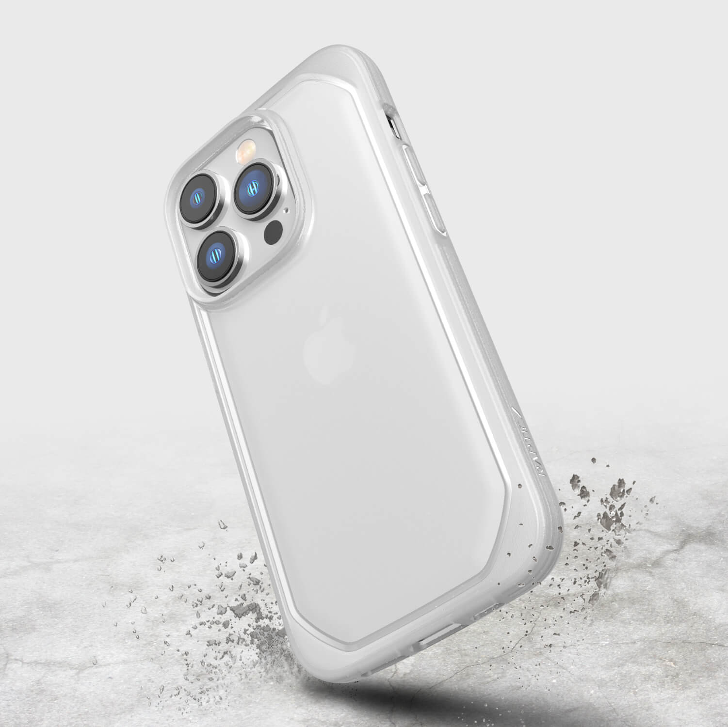 A white iPhone 14 Pro case - Raptic Slim & Sleek with texturing depth and recyclable materials.