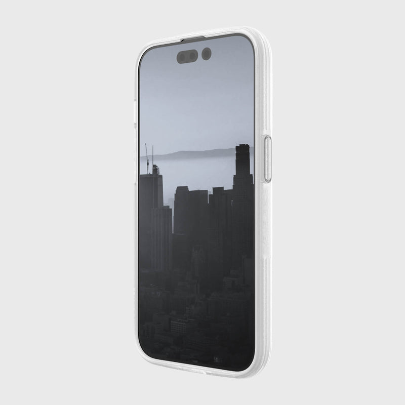 A white Raptic iPhone 14 Pro Case featuring a city skyline image with texturing depth.