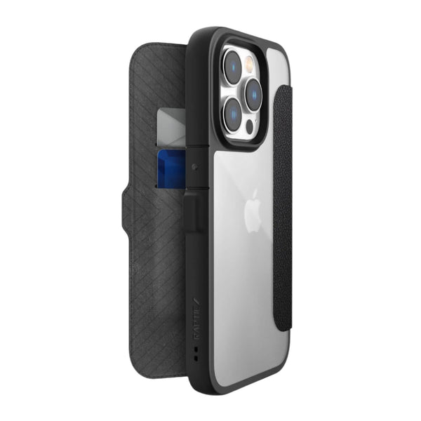 An Urban Folio Raptic iPhone 14 Pro case with a wallet and card holder, offering Military-Grade Drop Protection.
