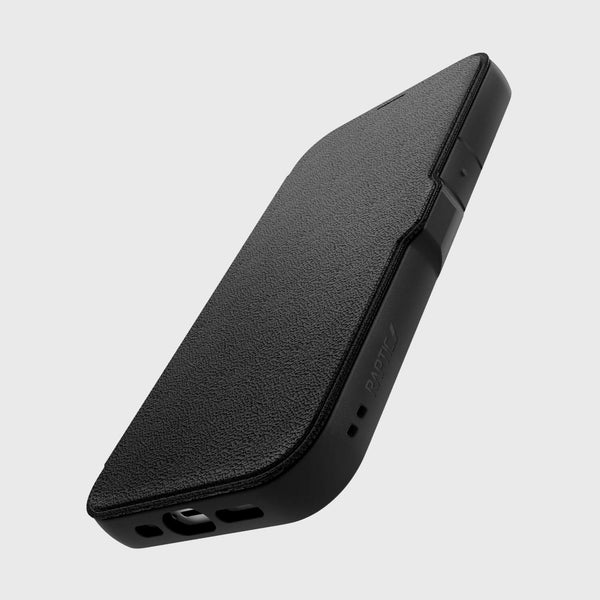 A black leather Urban Folio iPhone 14 Pro case on a white background with eco-vegan leather front cover by Raptic.