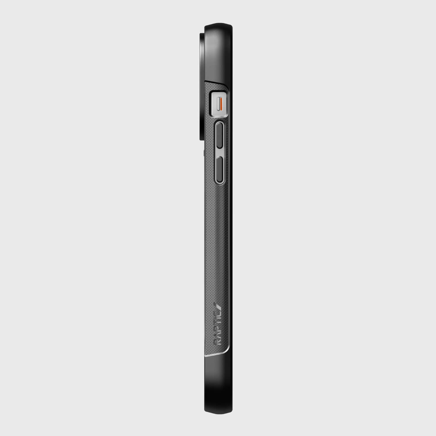 A black iPhone 14/15 Pro Max Case ~ Clutch by Raptic with drop protection on a white background.
