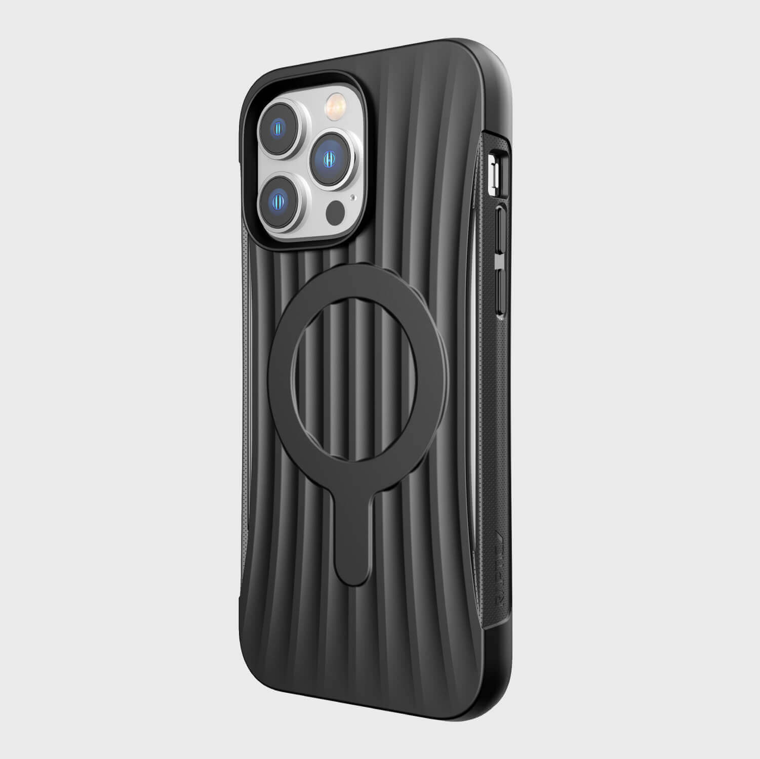 A black iPhone 14/15 Pro Max case with a ring on the back, featuring a sleek pocket-friendly design, the Clutch MagSafe by Raptic.