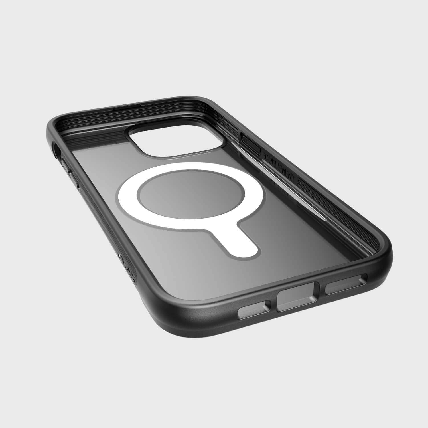 A sleek Raptic Clutch MagSafe iPhone 14/15 Pro Max Case with a magnifying glass on it.