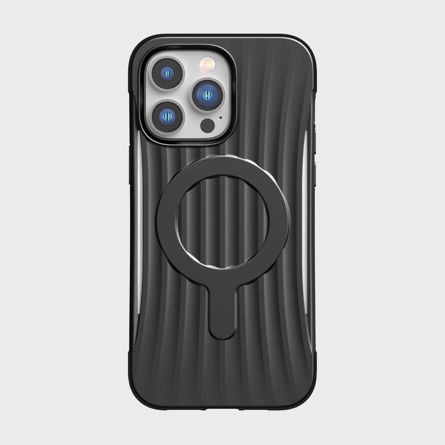 A black iPhone 14/15 Pro Max Case ~ Clutch MagSafe by Raptic, with a circular ring on it, featuring a sleek and pocket-friendly design.