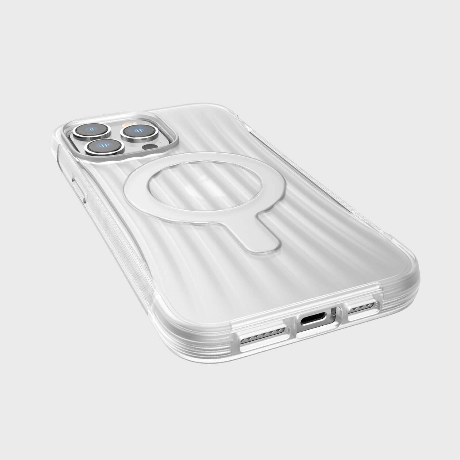 The back of a sleek and pocket-friendly white iPhone 14/15 Pro Max Case ~ Clutch MagSafe by Raptic.