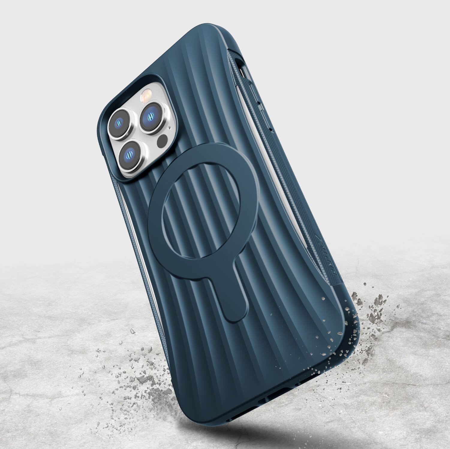 The back of a sleek Raptic Clutch MagSafe biodegradable phone case for iPhone 14/15 Pro Max in blue.