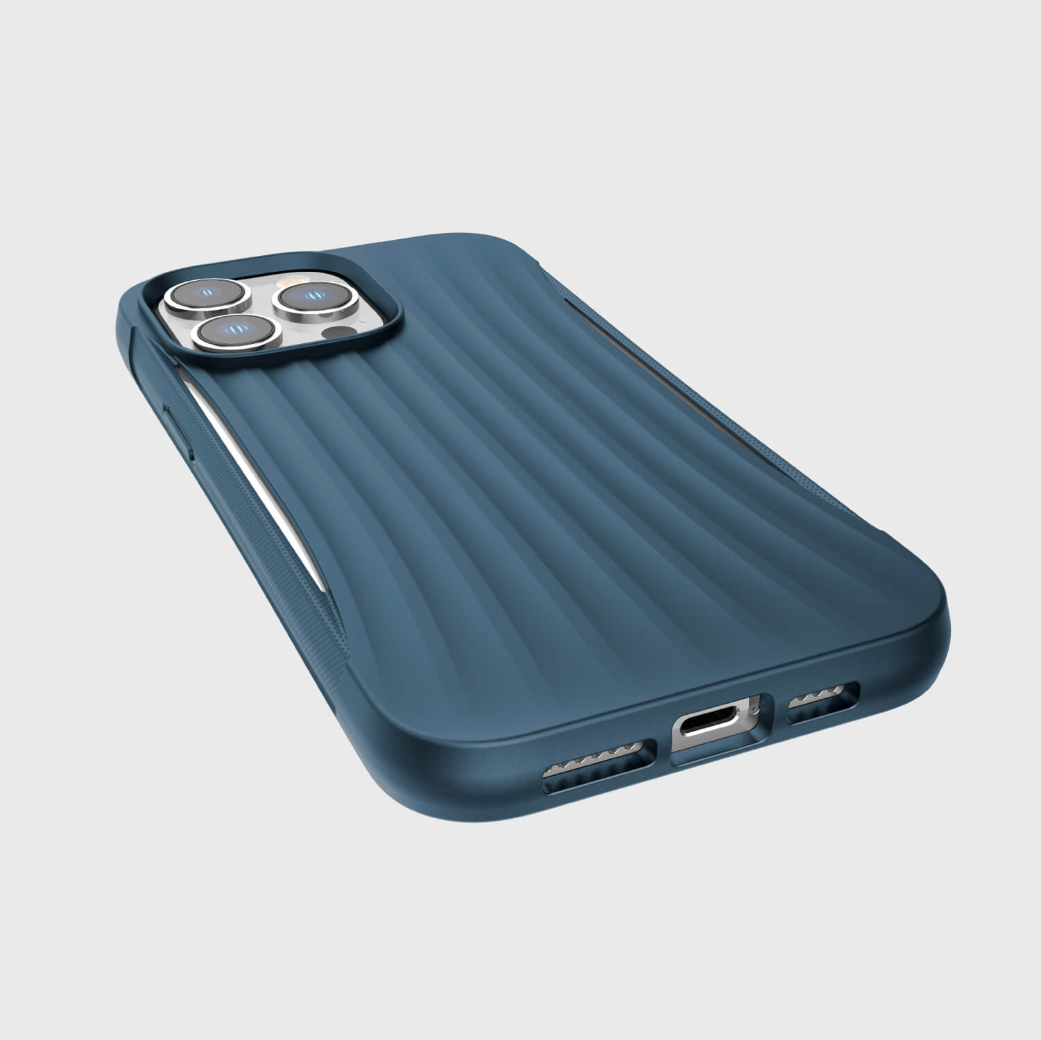 A biodegradable iPhone 14/15 Pro Max Case ~ Clutch in blue, offering drop protection by Raptic.