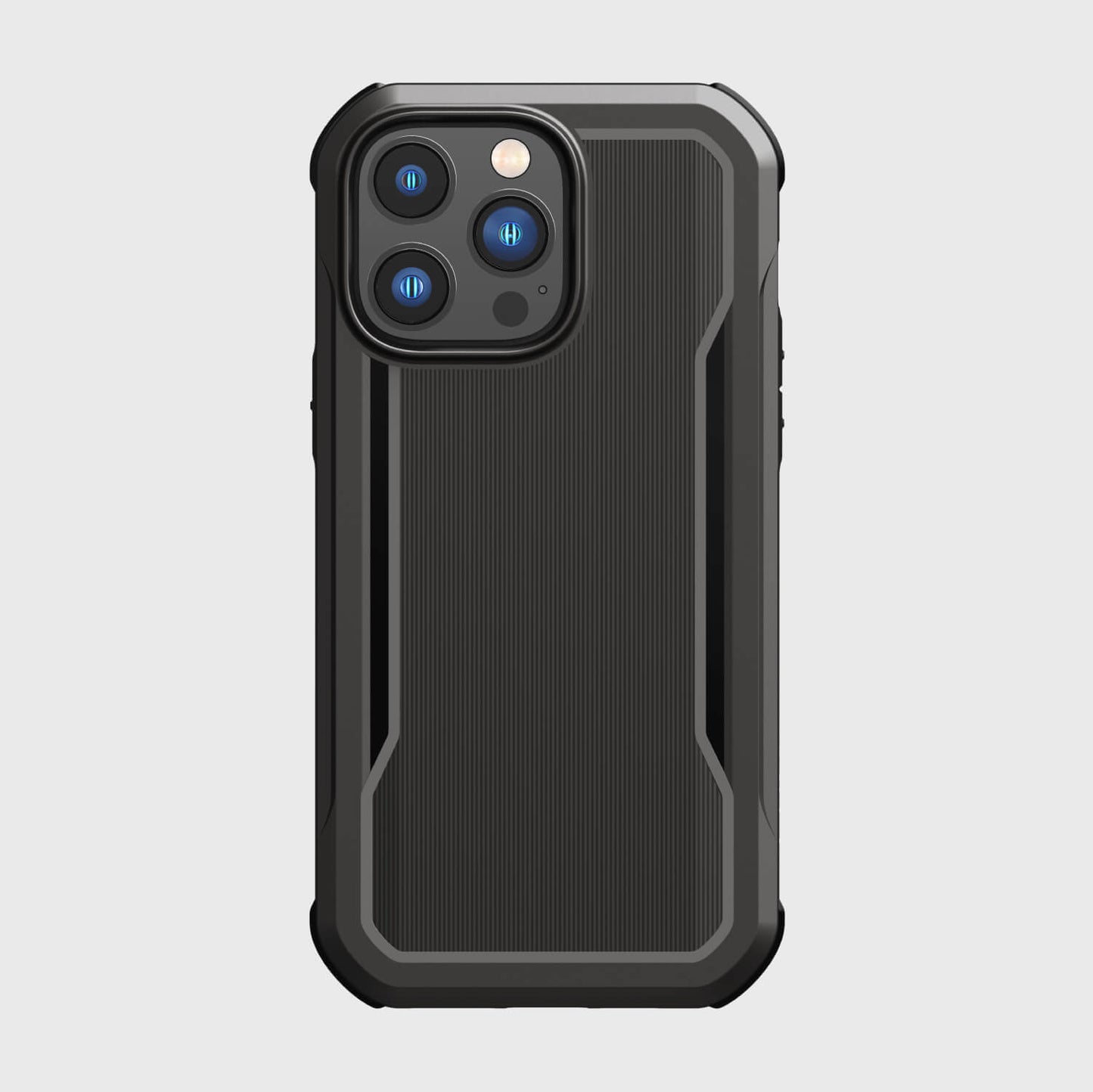 The biodegradable back of an iPhone 14/15 Pro Max Case - Fort Built for MagSafe case in black, providing military-grade drop protection and featuring MagSafe compatibility by Raptic.