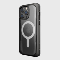 The Raptic Secure case for the iPhone 14 Pro Max is rugged and black, featuring a circular design on the back with military-grade drop protection. The phone offers multiple camera lenses for versatile photography options.