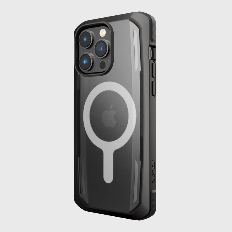 The Raptic Secure case for the iPhone 14 Pro Max is rugged and black, featuring a circular design on the back with military-grade drop protection. The phone offers multiple camera lenses for versatile photography options.