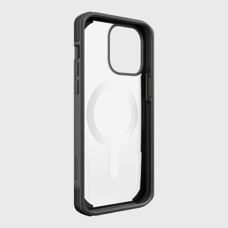 Raptic's iPhone 14 Pro Max Case ~ Secure is a MagSafe compatible clear case with black edges and a circular design, designed for smartphones with dual rear cameras.
