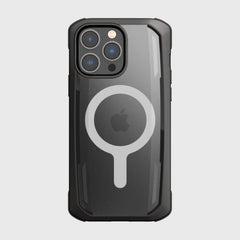 The Raptic iPhone 14 Pro Max Case ~ Secure is a black case with a transparent back, showcasing a circular design around the Apple logo. It features MagSafe compatibility and offers a sleek, exceptional fit on a pristine white background to highlight your device.