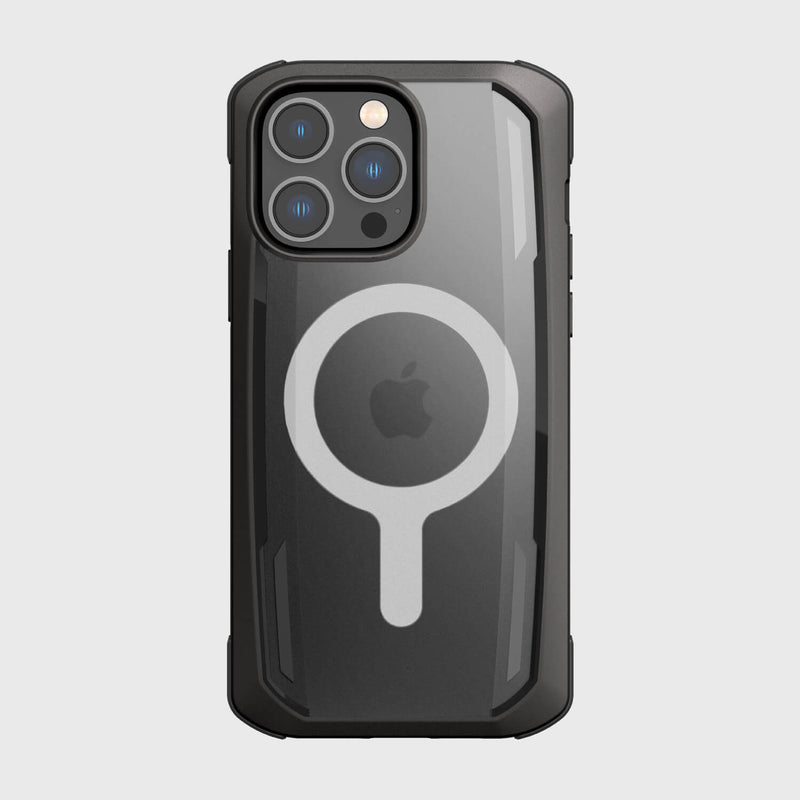 The Raptic iPhone 14 Pro Max Case ~ Secure is a black case with a transparent back, showcasing a circular design around the Apple logo. It features MagSafe compatibility and offers a sleek, exceptional fit on a pristine white background to highlight your device.