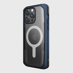 The iPhone 14 Pro Max Case ~ Secure by Raptic is a dark blue, rugged case featuring military-grade drop protection and MagSafe compatibility, with the Apple logo and camera lenses visible on its back.