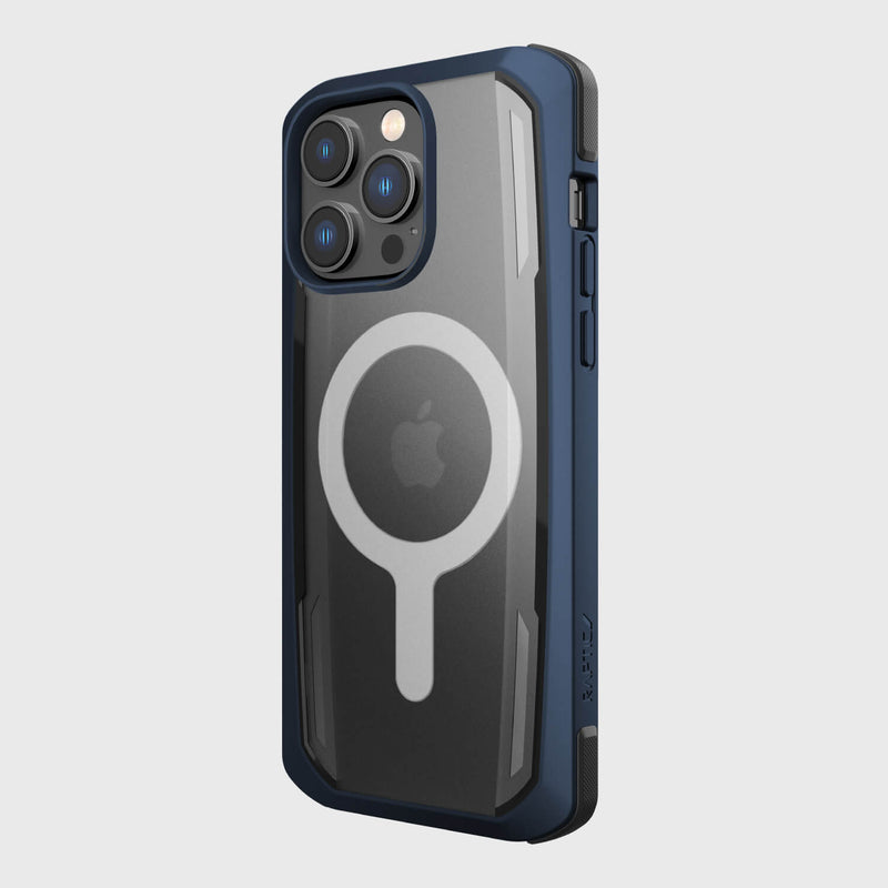 The iPhone 14 Pro Max Case ~ Secure by Raptic is a dark blue, rugged case featuring military-grade drop protection and MagSafe compatibility, with the Apple logo and camera lenses visible on its back.