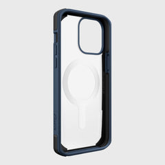 The Raptic iPhone 14 Pro Max Case ~ Secure, in blue and black, features a clear back with military-grade drop protection to keep your smartphone safe from accidental falls.