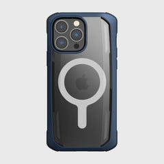 An iPhone in a robust, dark blue Raptic Secure case offers military-grade drop protection and features a visible MagSafe circle on the back, set against a plain backdrop.