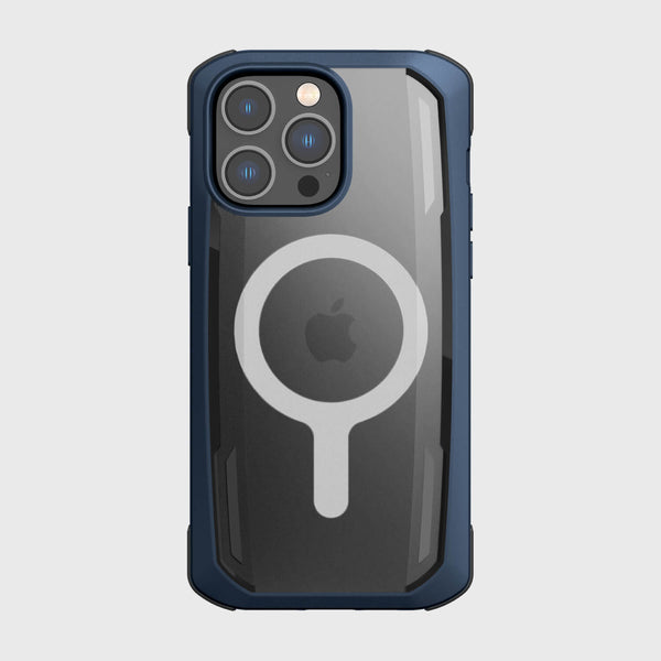 An iPhone in a robust, dark blue Raptic Secure case offers military-grade drop protection and features a visible MagSafe circle on the back, set against a plain backdrop.