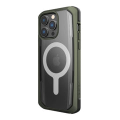 The Raptic iPhone 14 Pro Max Case ~ Secure, in green with a transparent back, highlights the camera and Apple logo. MagSafe Compatible, it provides military-grade drop protection for excellent durability.